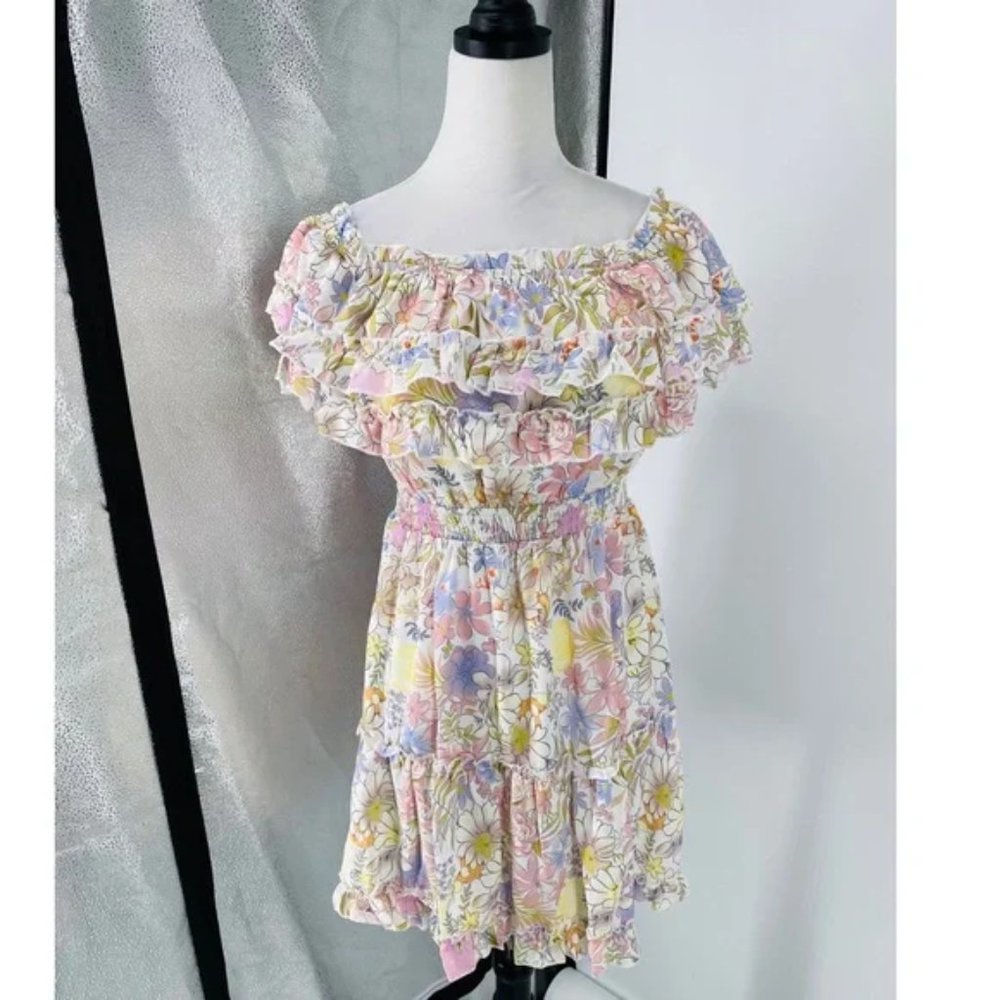 White Floral Print Short Sleeve Off Shoulder Ruffle Tiered Mini Dress - Picture 8 of 15